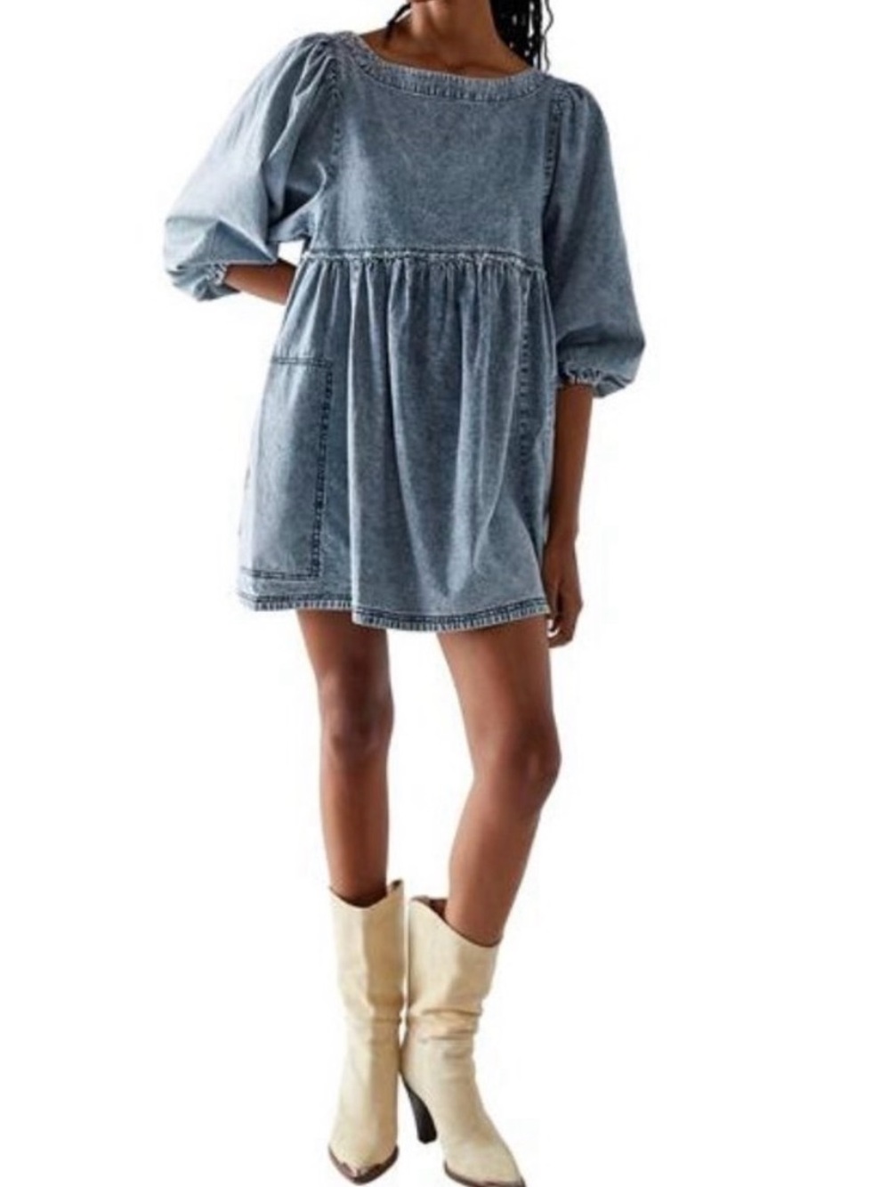 Free People Washed Denim Babydoll Mini Dress in Light Blue
